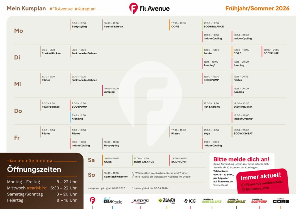 Fit Avenue Kursplan Frühjahr/Sommer 2026